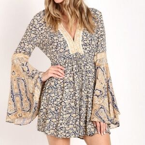 Free People Blue and Cream Patterned Jumpsuit